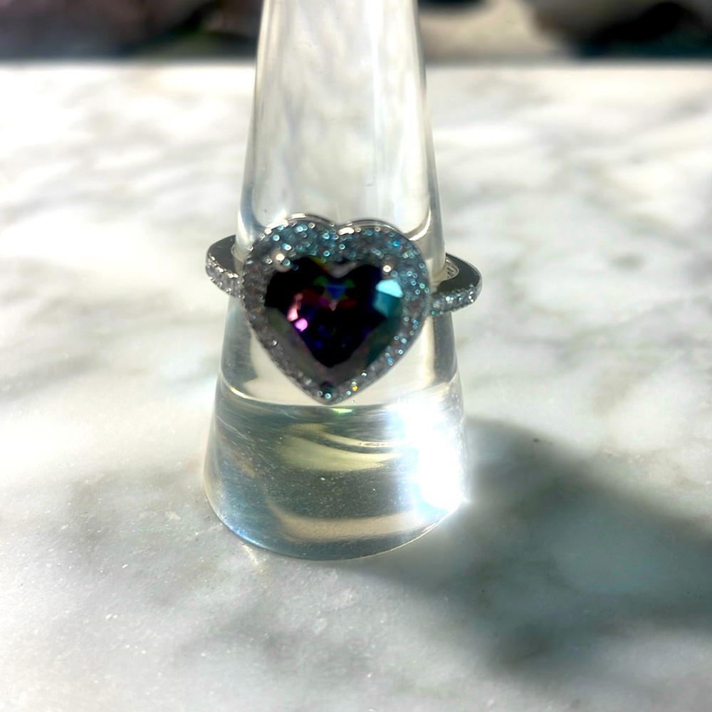 Heart shaped Mystic topaz gemstone ring set in 925 sterling silver ring size 9